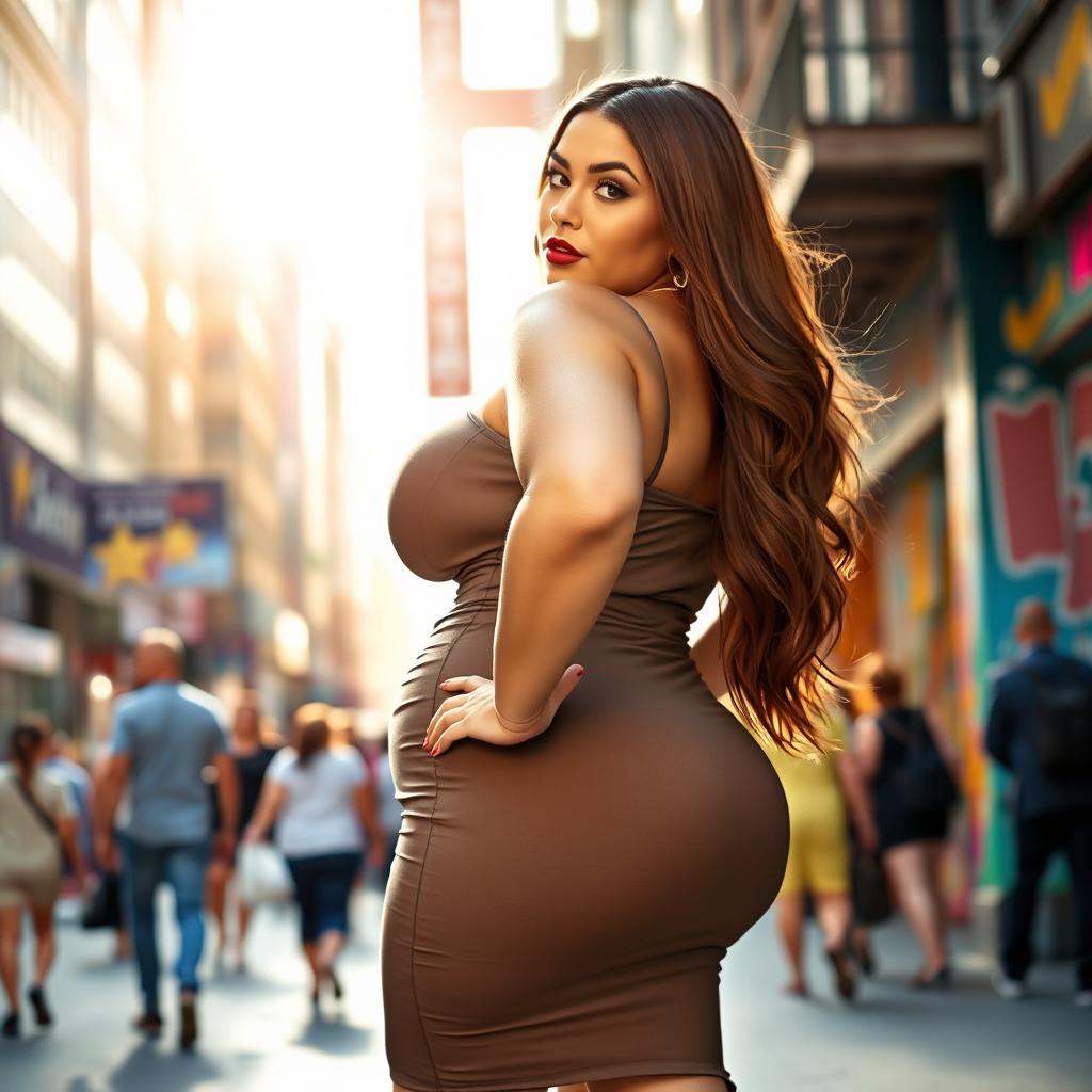 A voluptuous woman with extremely large breasts and a curvaceous backside, standing confidently against a vibrant urban backdrop