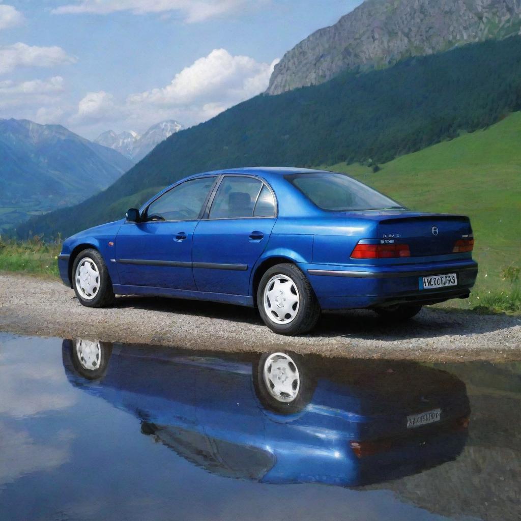 A striking blue Opel Omega B, parked with its gleaming blue paint job reflecting the surrounding scenery.