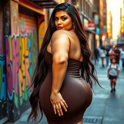 A voluptuous woman with extremely large breasts and a curvaceous backside, standing confidently against a vibrant urban backdrop