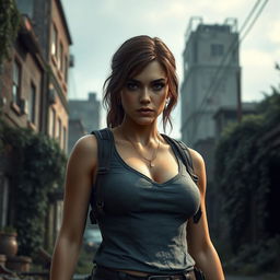 A hyper-realistic depiction of Tess from 'The Last of Us', featuring a strong and confident portrayal of her character