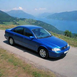 A striking blue Opel Omega B, parked with its gleaming blue paint job reflecting the surrounding scenery.