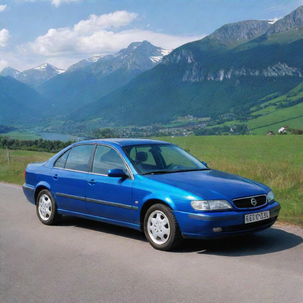 A striking blue Opel Omega B, parked with its gleaming blue paint job reflecting the surrounding scenery.