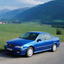 A striking blue Opel Omega B, parked with its gleaming blue paint job reflecting the surrounding scenery.