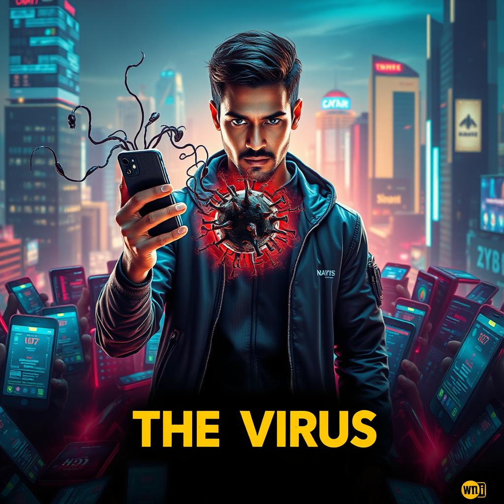 A cinematic sci-fi movie poster titled 'The Virus', showcasing a 27-year-old Indian hacker man in India