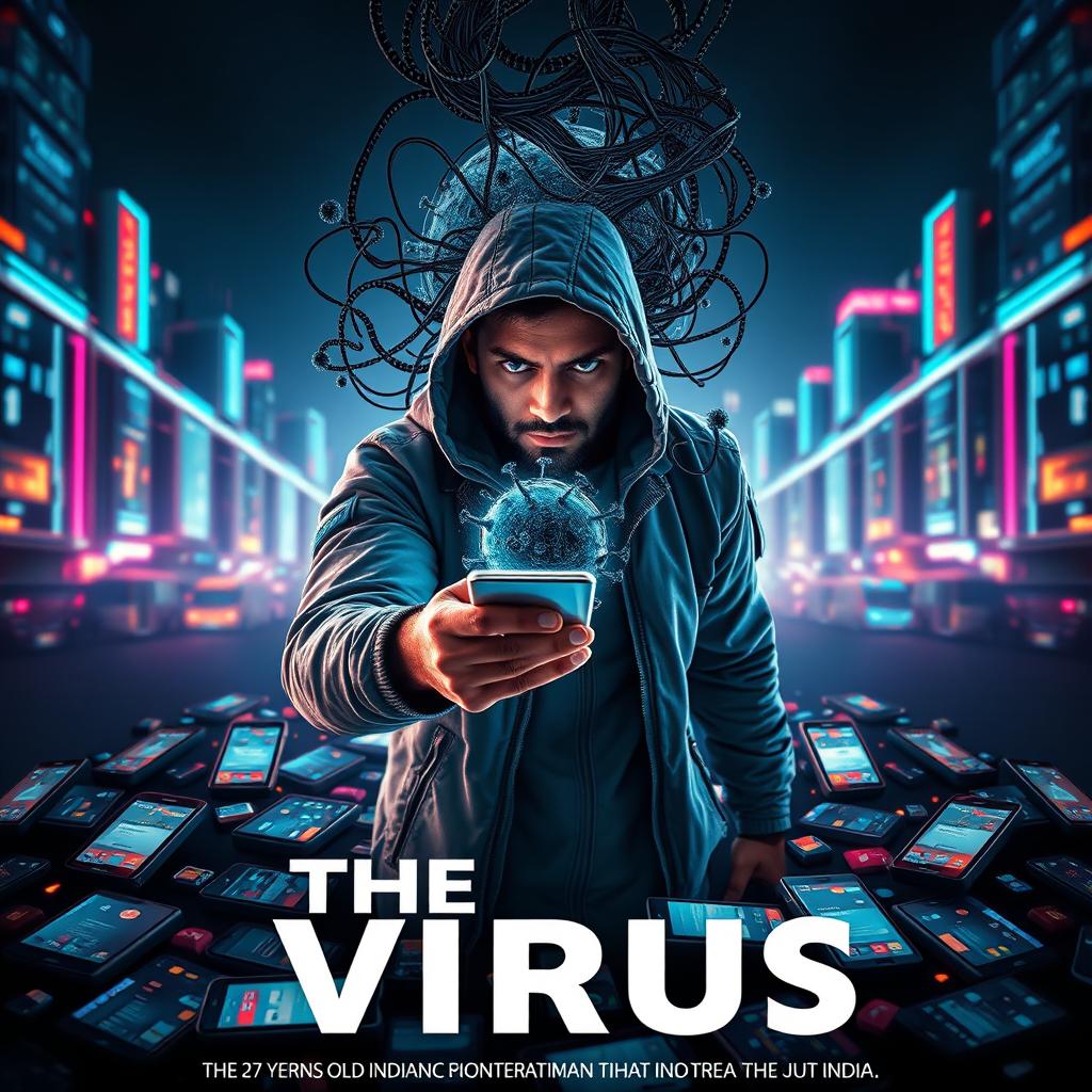 A cinematic sci-fi movie poster titled 'The Virus', showcasing a 27-year-old Indian hacker man in India