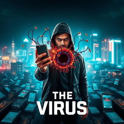 A cinematic sci-fi movie poster titled 'The Virus', showcasing a 27-year-old Indian hacker man in India