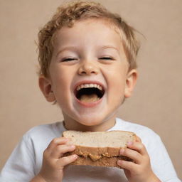 A joyous child delightfully eating a peanut butter sandwich, with crumbs playfully scattered around his smiling face.