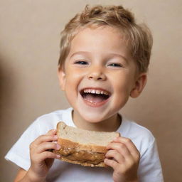 A joyous child delightfully eating a peanut butter sandwich, with crumbs playfully scattered around his smiling face.