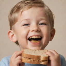 A joyous child delightfully eating a peanut butter sandwich, with crumbs playfully scattered around his smiling face.