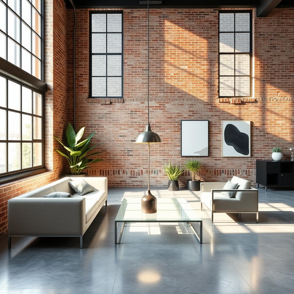 An industrial minimalist living room featuring a sleek, modern design