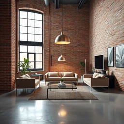 An industrial minimalist living room featuring a sleek, modern design