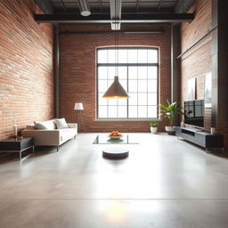 An industrial minimalist living room featuring a sleek, modern design