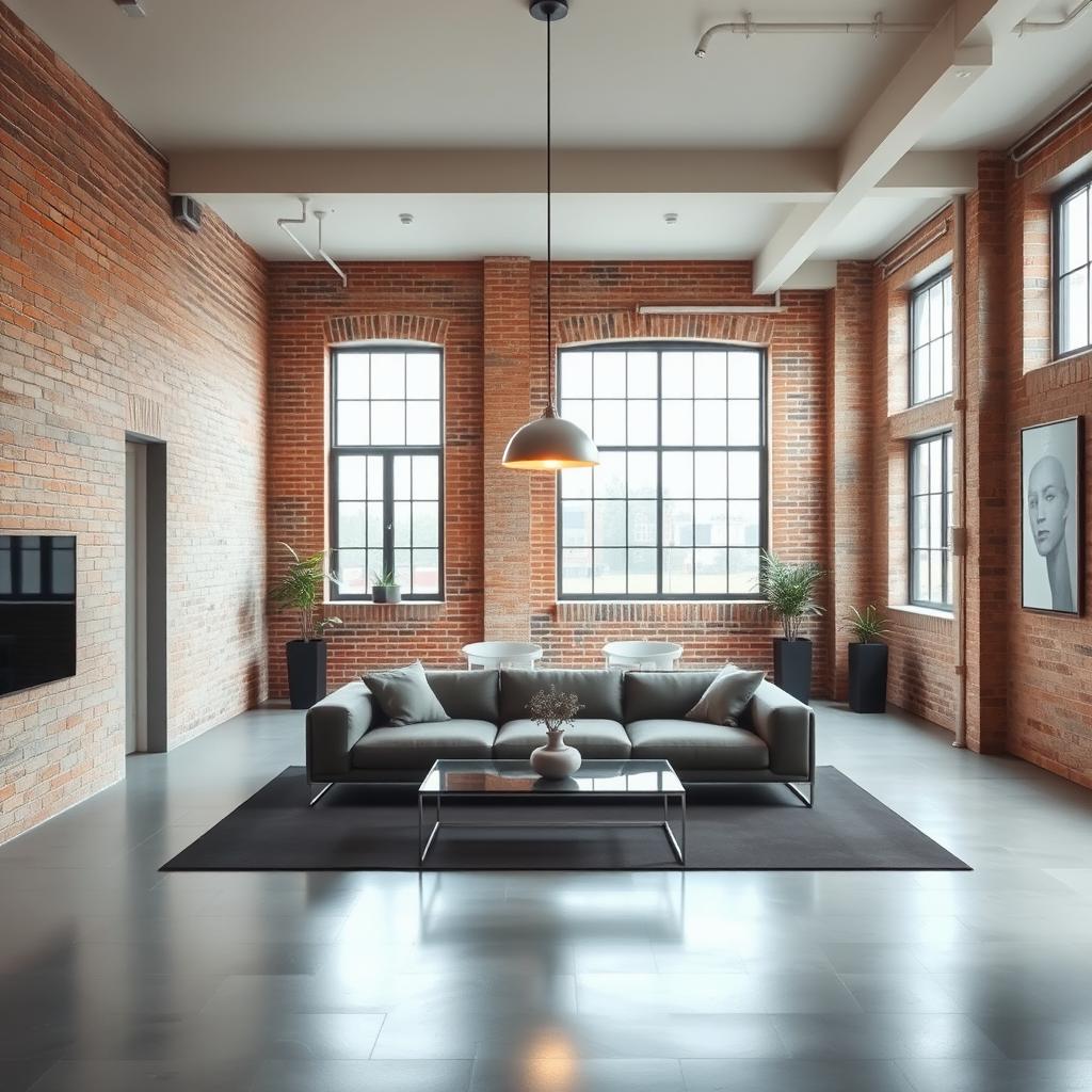 An industrial minimalist living room featuring a sleek, modern design