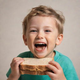 A joyous child delightfully eating a peanut butter sandwich, with crumbs playfully scattered around his smiling face.