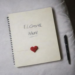 An open notebook on a bed, with a heart sketched solely in lines. Underneath the heart, the phrase 'El goti mami' is written.