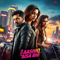 A cinematic action love film poster for 'EK AASHIQ AISA BHI'