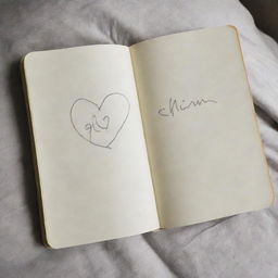 An open notebook on a bed, with a heart sketched solely in lines. Underneath the heart, the phrase 'El goti mami' is written.