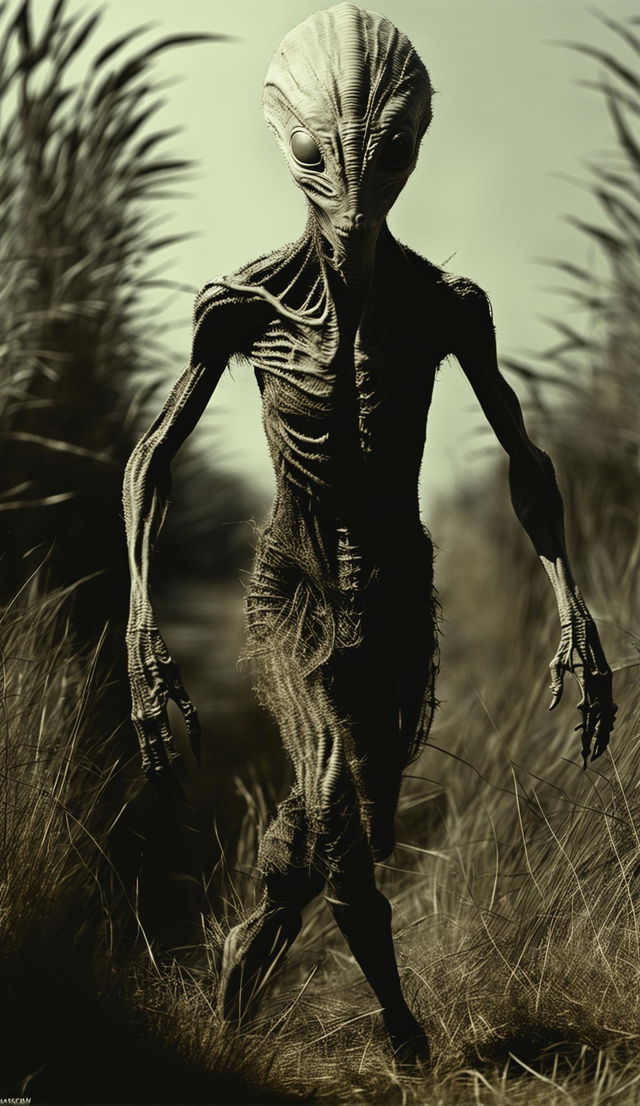 A HD, gritty, grainy black and white image of a 7ft tall Roswell Grey alien running through long dry grass.