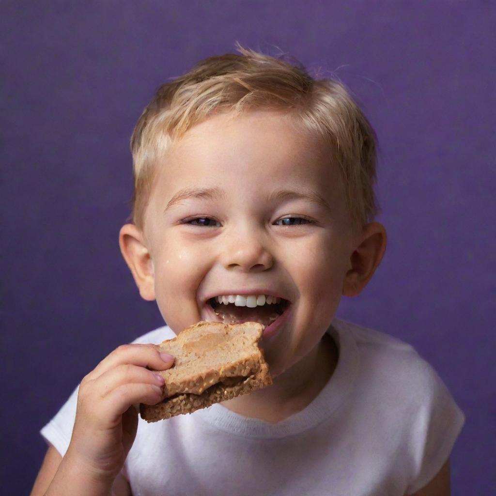 A joyous child delightfully eating a peanut butter sandwich against a radiant deep purple background, with crumbs playfully scattered around his smiling face.