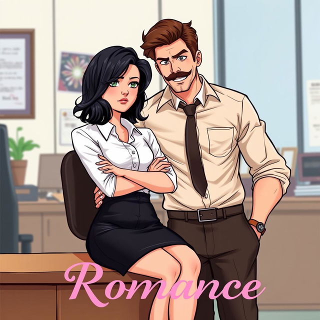 A romance book cover set in an office environment