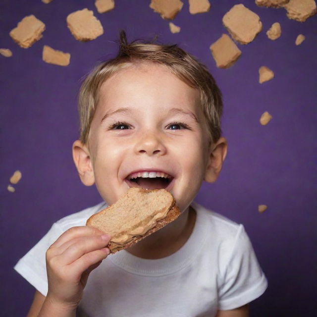 A joyous child delightfully eating a peanut butter sandwich against a radiant deep purple background, with crumbs playfully scattered around his smiling face.