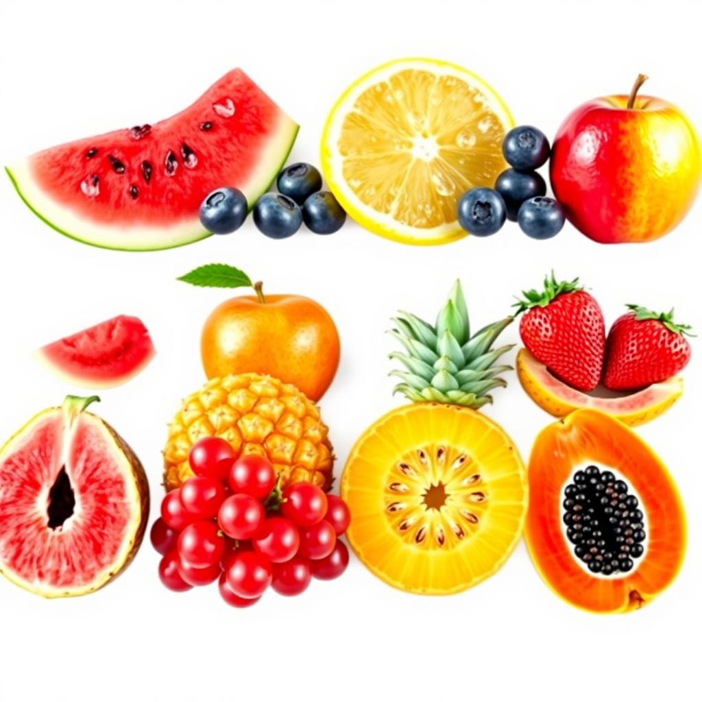 Vibrant images of eight fruits: watermelon, blueberries, lemon, apple, strawberries, pineapple, red grapes, and papaya