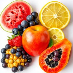 Vibrant images of eight fruits: watermelon, blueberries, lemon, apple, strawberries, pineapple, red grapes, and papaya