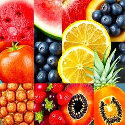 Vibrant images of eight fruits: watermelon, blueberries, lemon, apple, strawberries, pineapple, red grapes, and papaya