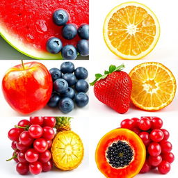 Vibrant images of eight fruits: watermelon, blueberries, lemon, apple, strawberries, pineapple, red grapes, and papaya