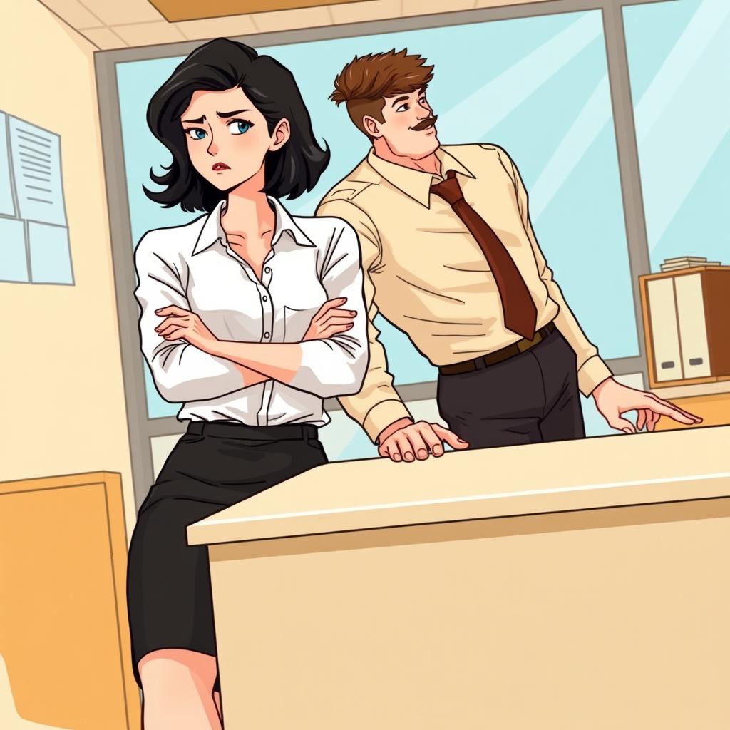 A romance book cover set in an office environment, featuring a side view of a couple