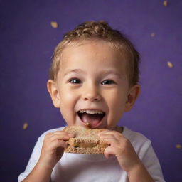 A joyous child delightfully eating a peanut butter sandwich against a radiant deep purple background, with crumbs playfully scattered around his smiling face.