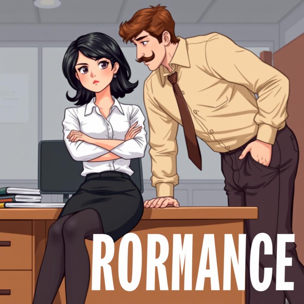 A romance book cover set in an office environment, featuring a side view of a couple