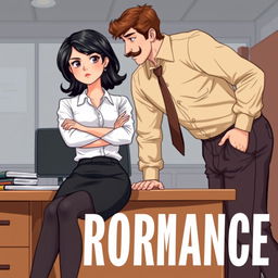 A romance book cover set in an office environment, featuring a side view of a couple