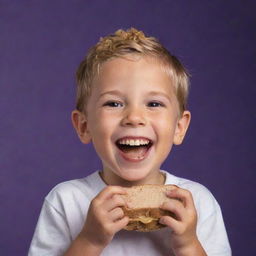 A joyous child delightfully eating a peanut butter sandwich against a radiant deep purple background, with crumbs playfully scattered around his smiling face.