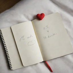 An open notebook on a bed with a line-drawn heart. Below the heart, the phrases 'El goti mami' and 'SiN Ti' are written.