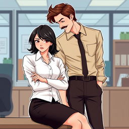 A romance book cover featuring an office environment background