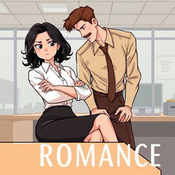 An illustrated romance book cover set in an office environment