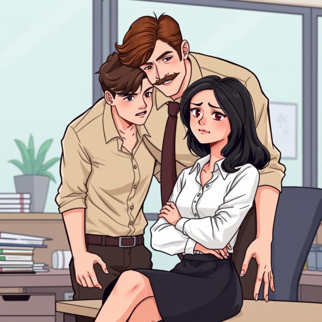 An illustrated romance book cover set in an office environment