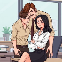 An illustrated romance book cover set in an office environment