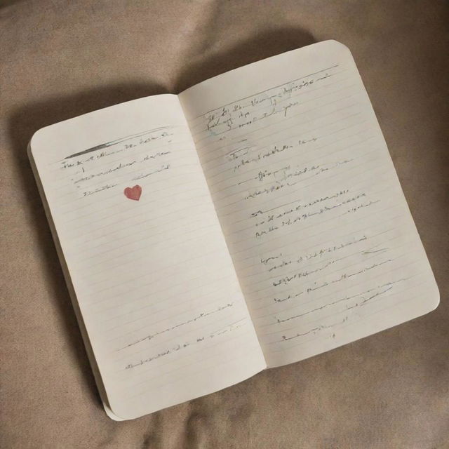 An open notebook on top of a bed. The notebook contains a heart drawn only with lines, and beneath the heart are the phrases 'El goti mami' and 'Sin Ti'.