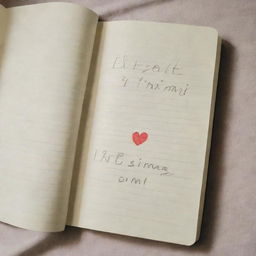 An open notebook on top of a bed. The notebook contains a heart drawn only with lines, and beneath the heart are the phrases 'El goti mami' and 'Sin Ti'.