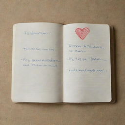 An open notebook on top of a bed. The notebook contains a heart drawn only with lines, and beneath the heart are the phrases 'El goti mami' and 'Sin Ti'.