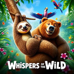 A vibrant movie poster for 'Whispers of the Wild', featuring a colorful jungle scene