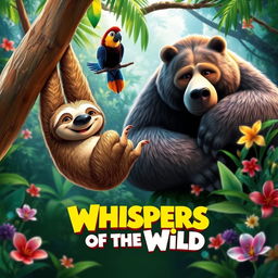 A vibrant movie poster for 'Whispers of the Wild', featuring a colorful jungle scene