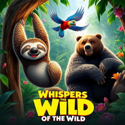 A vibrant movie poster for 'Whispers of the Wild', featuring a colorful jungle scene