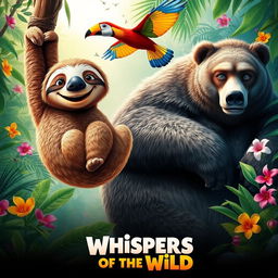 A vibrant movie poster for 'Whispers of the Wild', featuring a colorful jungle scene