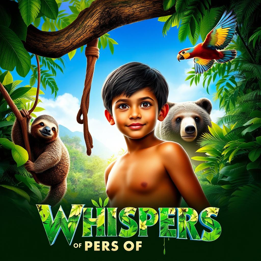 A vibrant and captivating movie poster featuring a young Amazonian boy surrounded by lush rainforest scenery