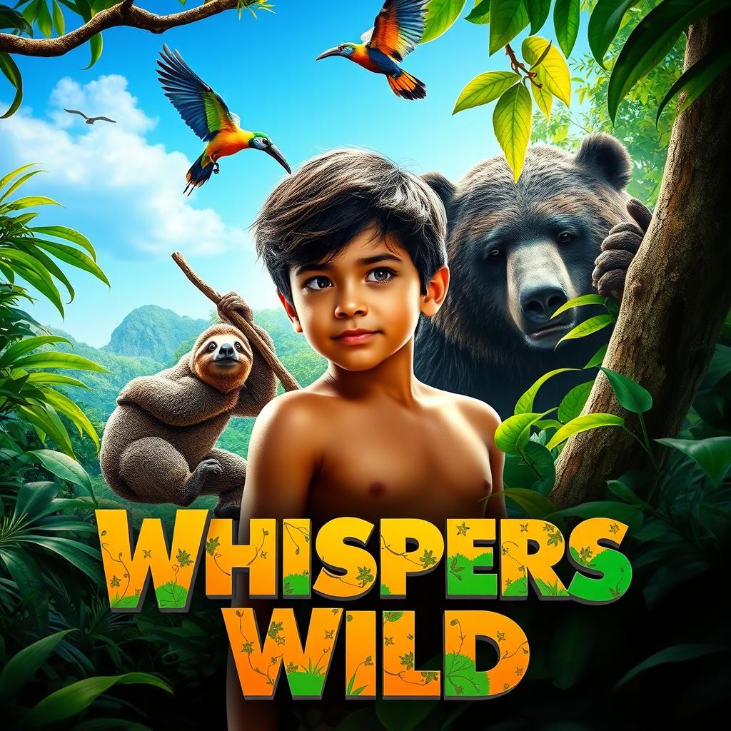 A vibrant and captivating movie poster featuring a young Amazonian boy surrounded by lush rainforest scenery