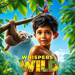 A vibrant and captivating movie poster featuring a young Amazonian boy surrounded by lush rainforest scenery