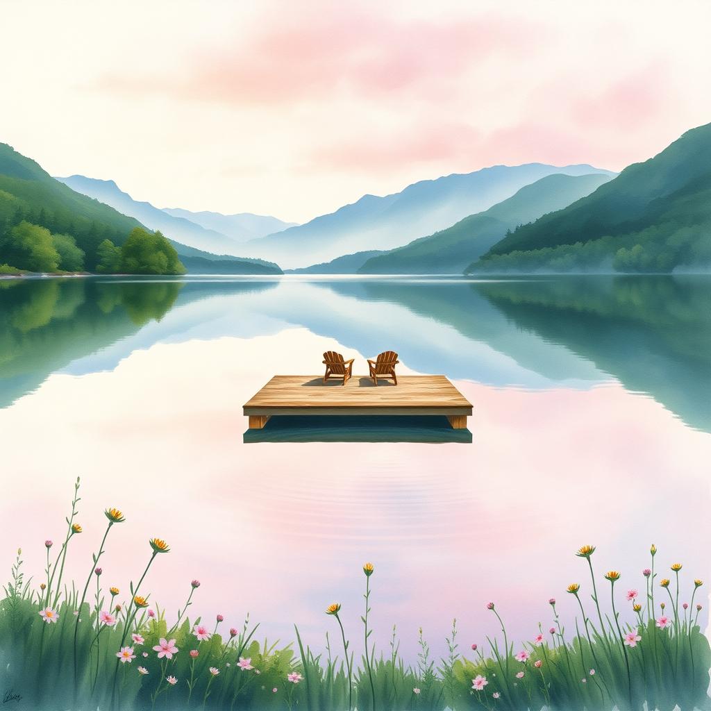 A beautiful watercolor painting depicting a serene lakeside scene for a book cover